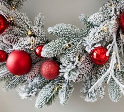 Lit Faux Frosted Pine &amp; Ornaments Wreath &amp; Garland