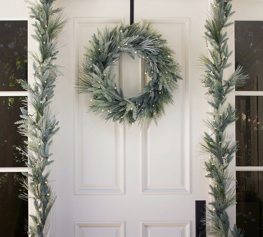 Lit Faux Flocked Pine Wreath &amp; Garland