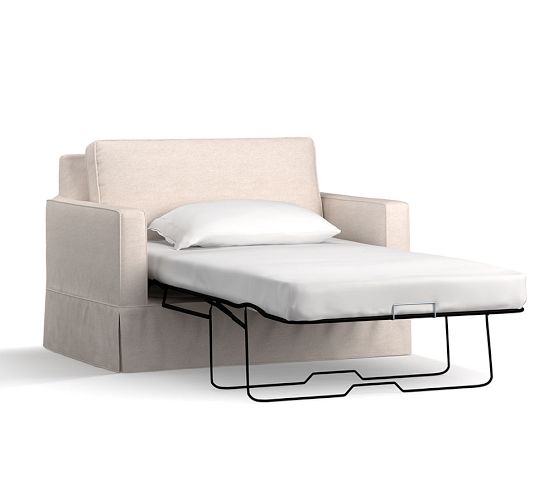 Cameron Square Arm Slipcovered Twin Sleeper Sofa with Memory Foam Mattress (54"-86")