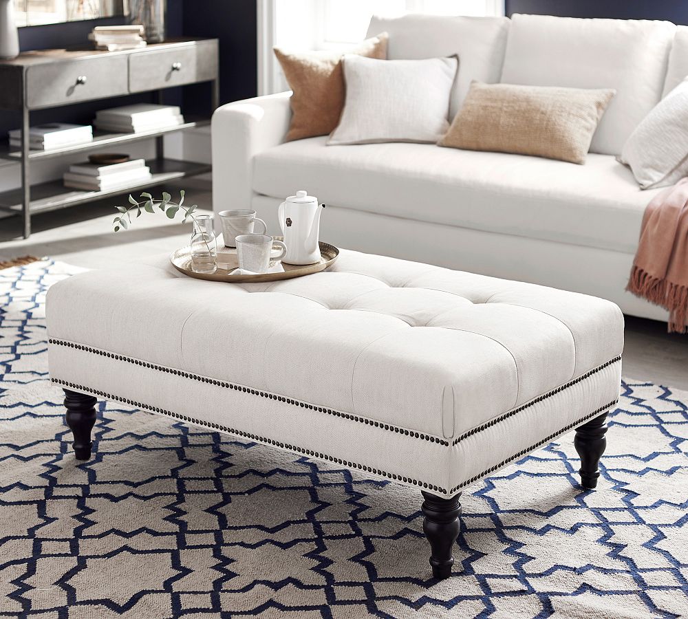 Open Box:Martin Upholstered Rectangular Ottoman, Seadrift Legs, No Nailheads, Performance Slub Weave Moss