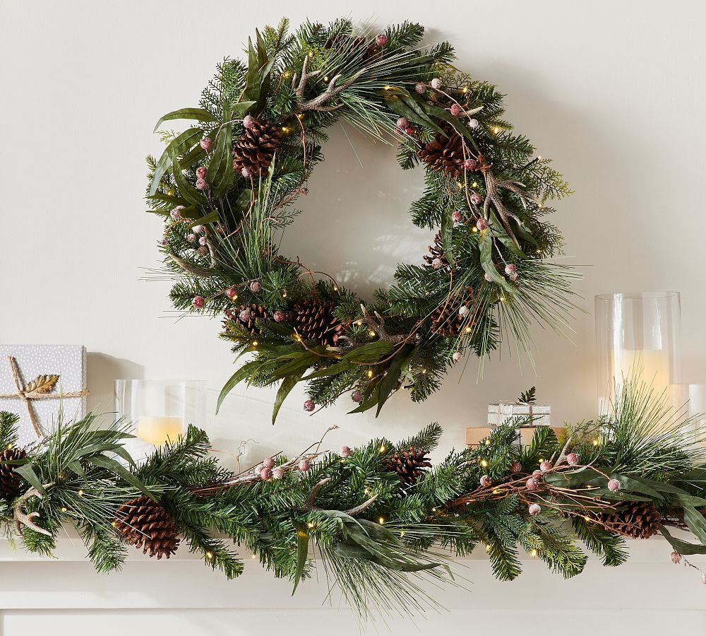 Lit Faux Tahoe Pine Wreath &amp; Garland