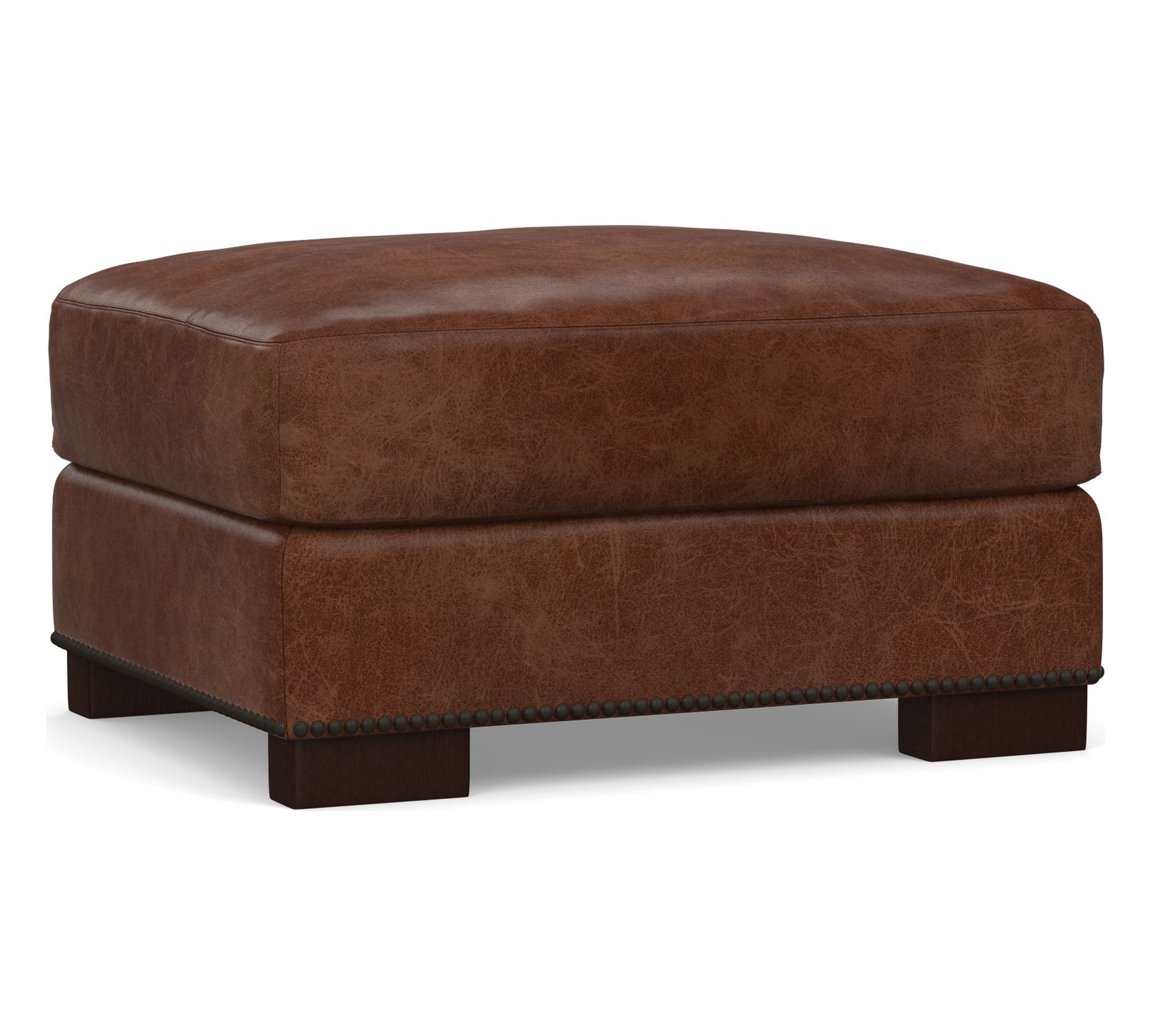 Turner Leather Small Ottoman 30.5&quot; with Nailheads, Polyester Wrapped Cushions, Leather Statesville Molasses