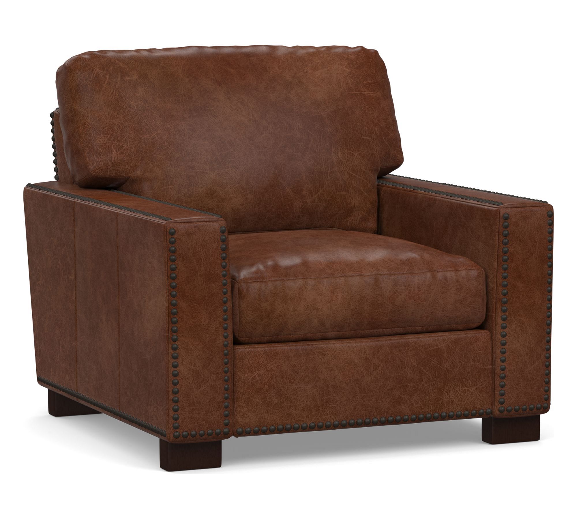 Turner Square Leather Small Armchair 37&quot; with Nailheads, Down Blend Wrapped Cushions, Statesville Molasses