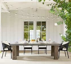 Abbott Concrete &amp; Acacia Chunky Leg Dining Table + Palmetto Wicker Stacking Armchair Dining Set