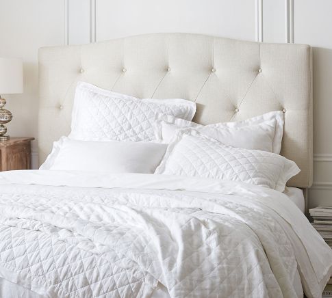 Elliot Curved Upholstered Headboard Queen Performance Heathered Tweed Pebble Pottery Barn