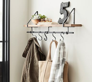 Lucy Mango Wood Shelf With Hooks (36")