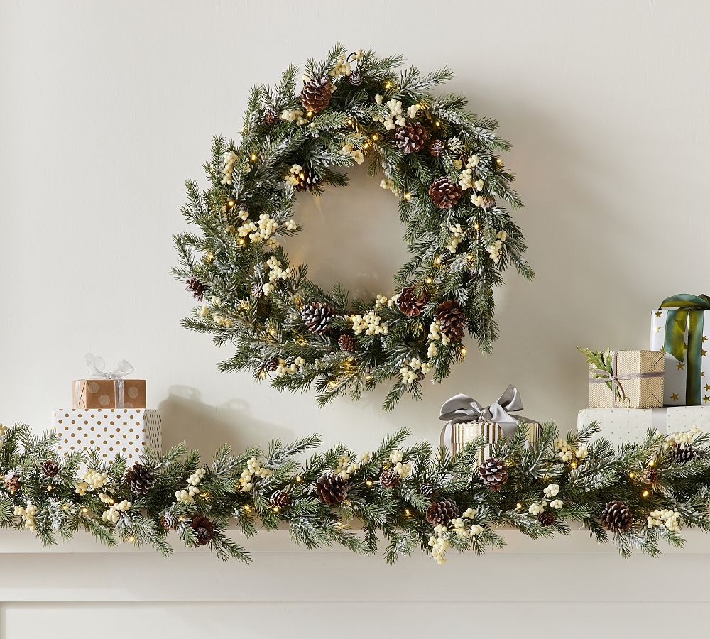 Lit Faux Frozen Pine & White Berry Wreath &amp; Garland