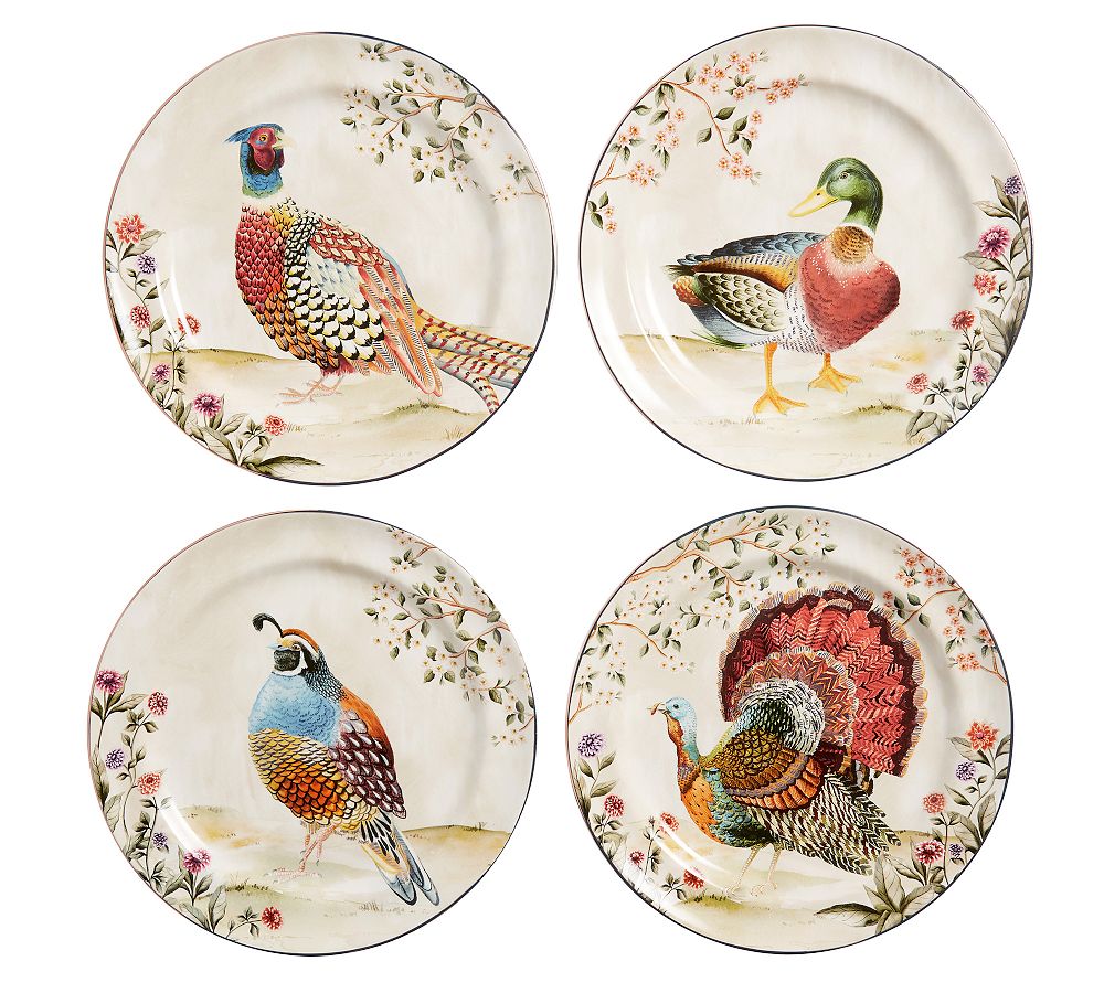 Botanical Harvest Bird Stoneware Dinner Plates - Mixed Set of 4