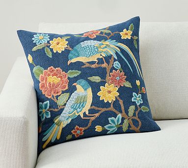 Floral Bird Embroidered Pillow Cover