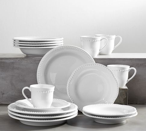 Emma Beaded Stoneware 16-Piece Dinnerware Set with Mug & Soup Bowl - True White