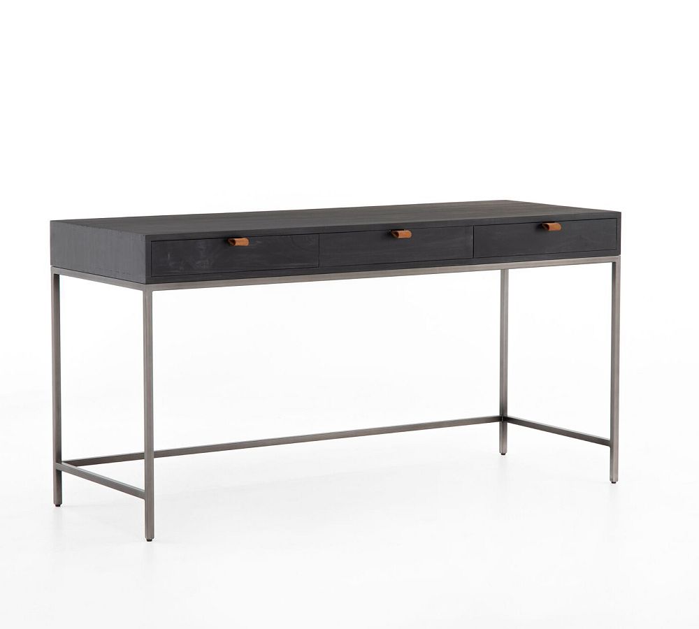 Black Wash Poplar Home Office Desk with Leather Pulls