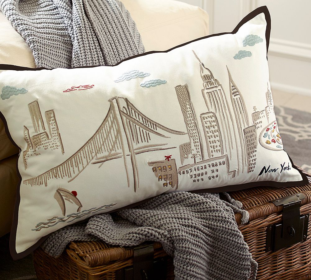 New York City Embroidered Lumbar Pillow Cover