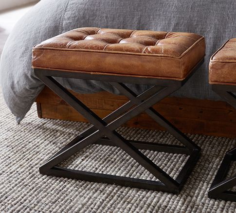 Kirkham Tufted Leather Stool Rustic Brown Base Legacy Chocolate Pottery Barn