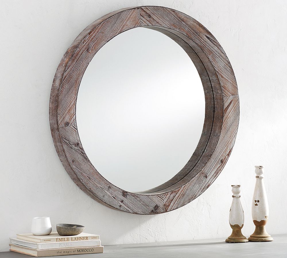Wood-Framed Round Wall Mirror