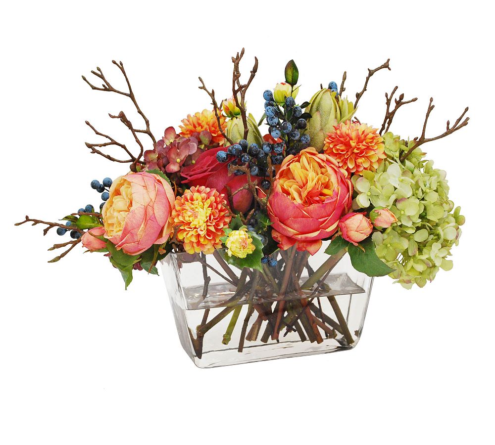 Faux Mixed Hydrangea and Rose in Square Vase
