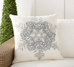 Metallic Embroidered Snowflake Outdoor Pillow