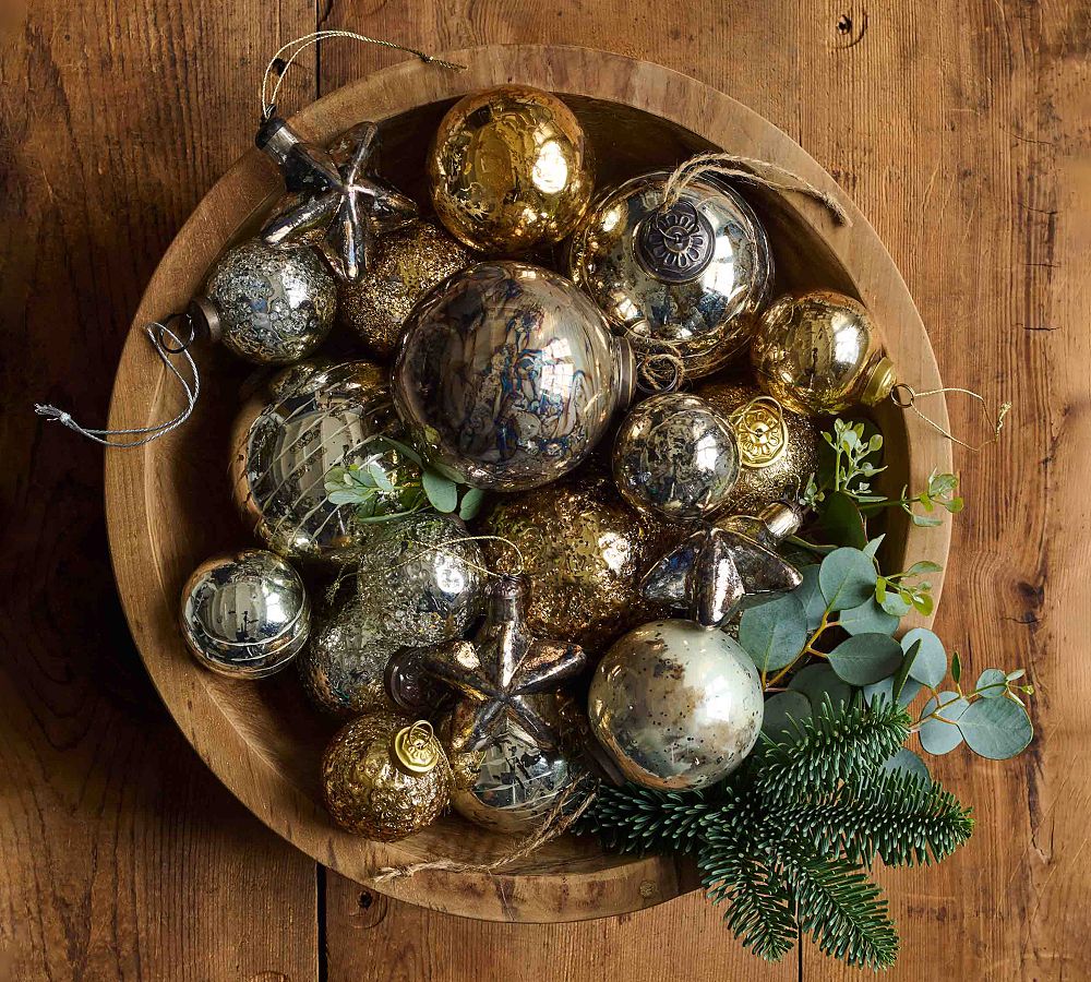 Mouth Blown Antique Gold &amp; Brass Ball Ornaments - Set of 6