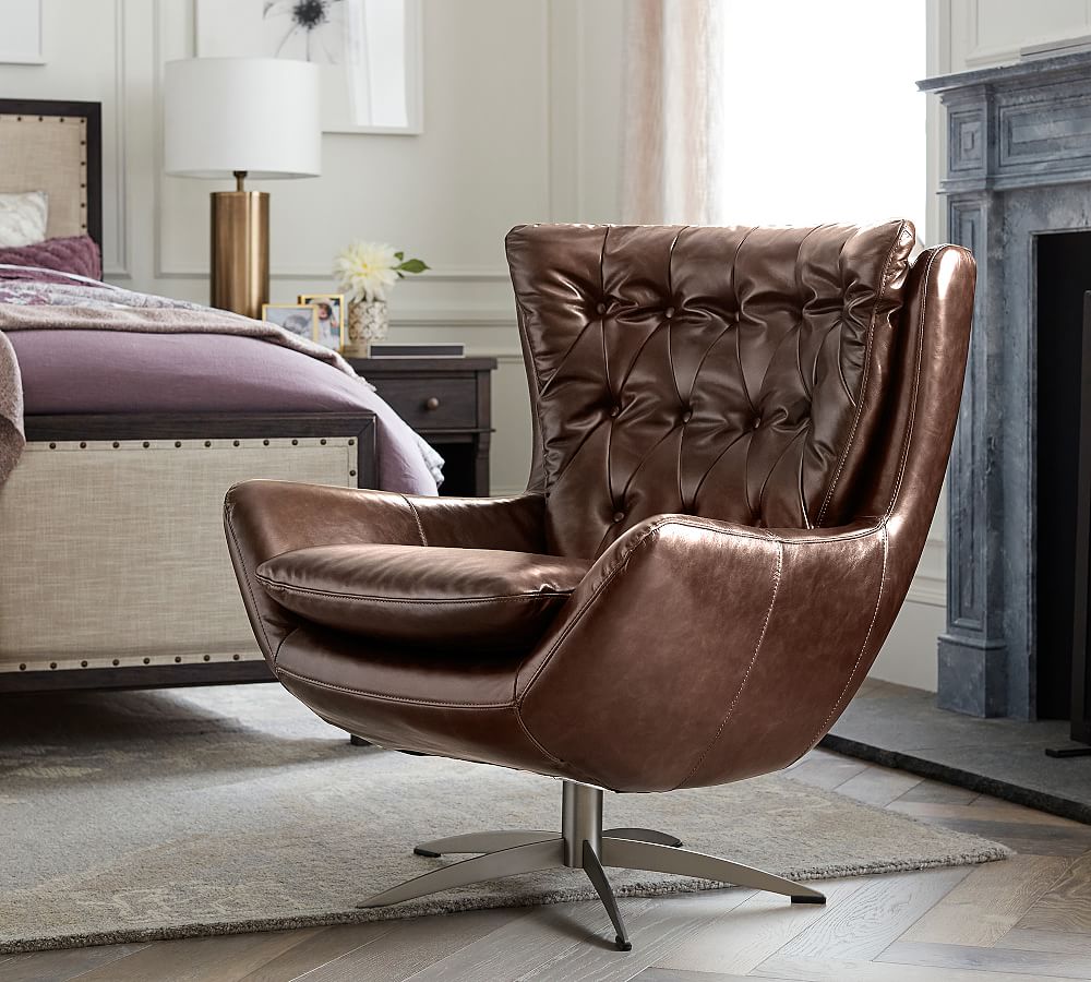Open Box: Wells Petite Tufted Leather Swivel Chair