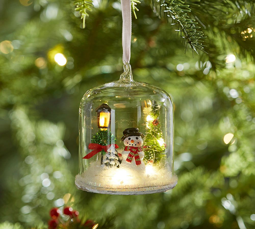 Lit Snowman in Glass Cloche Ornament