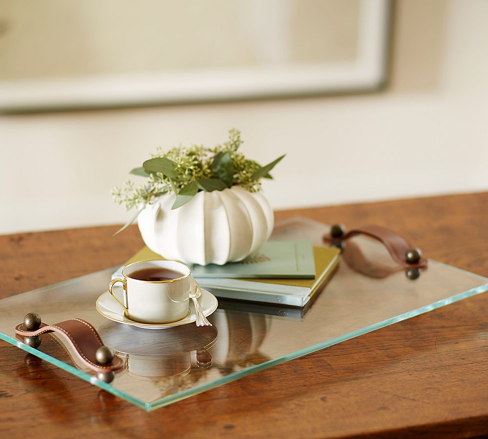 Glass Tray with Leather Handles