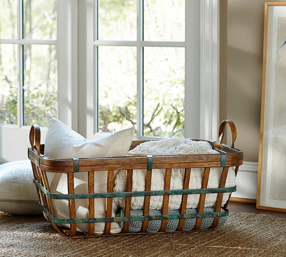 Large Rectangular Green Patina Basket