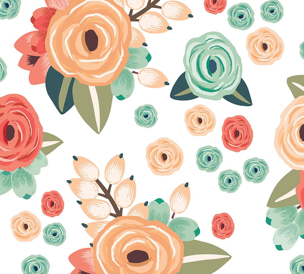 Coral Teal Orange Graphic Flowers Removable Wall Decal