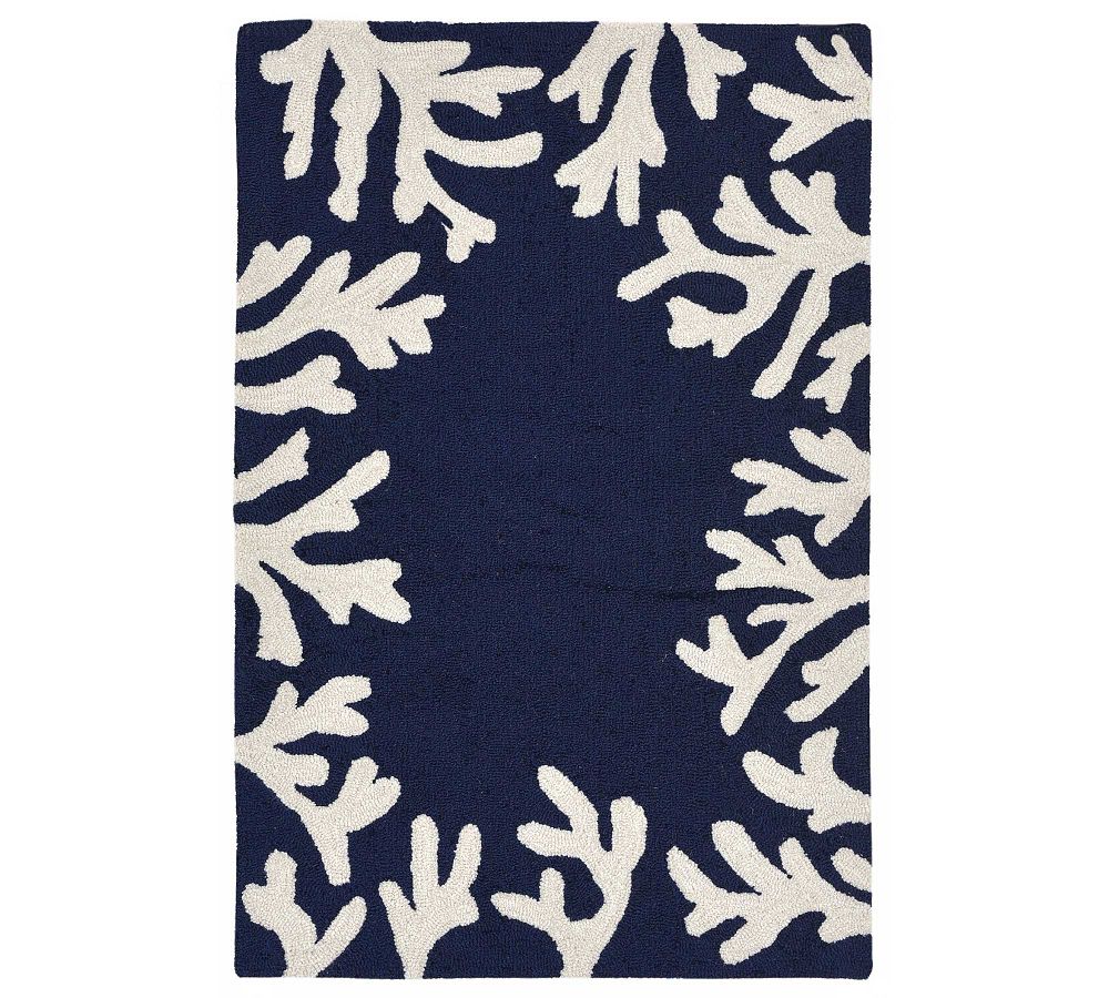 Navy and White Rectangular Tufted Synthetic Rug