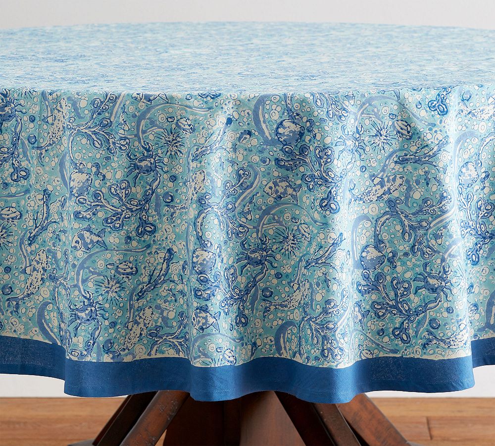 Aqua Floral Block Print Round Cotton Tablecloth