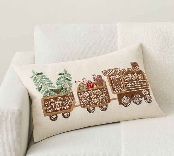 Gingerbread Train Embroidered Lumbar Pillow