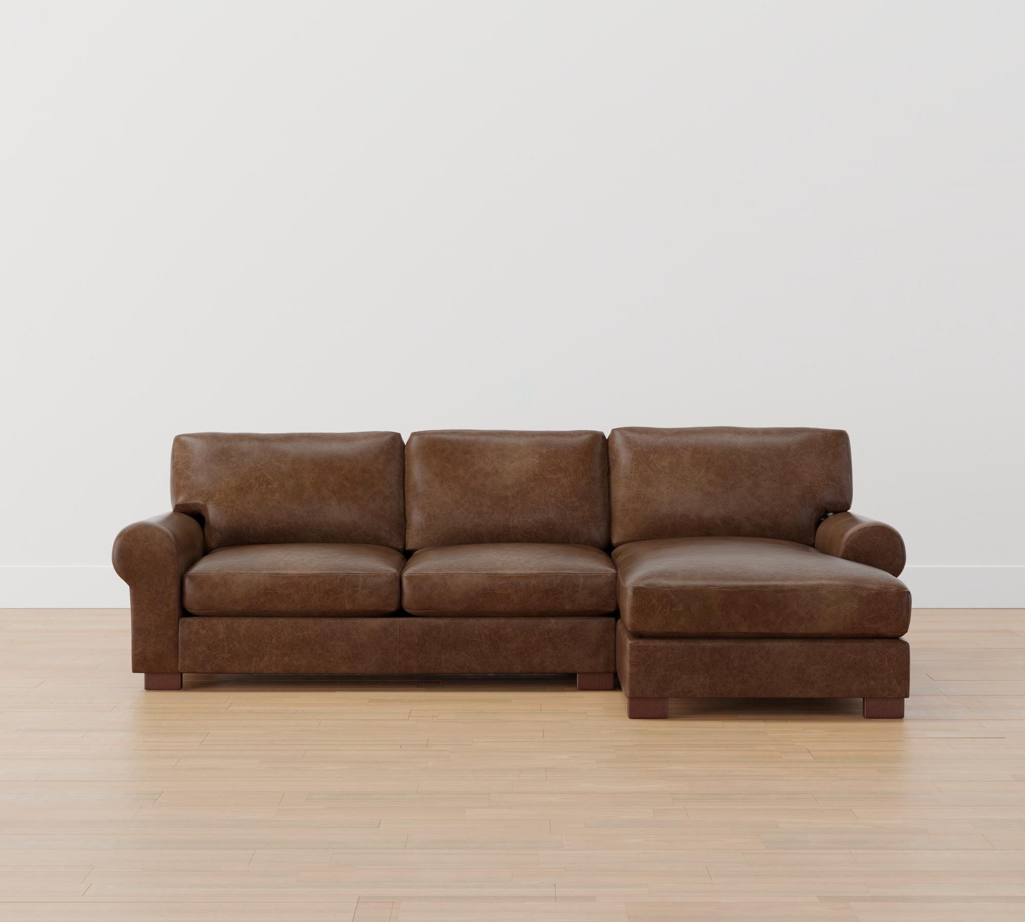 Turner Roll Arm Leather Left Arm Loveseat with Chaise Sectional, Down Blend Wrapped Cushions, Statesville Molasses