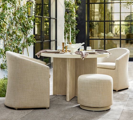 Cayman FSC Eucalyptus Round 48 Outdoor Dining Table Biscotti White Concrete Top Pottery Barn