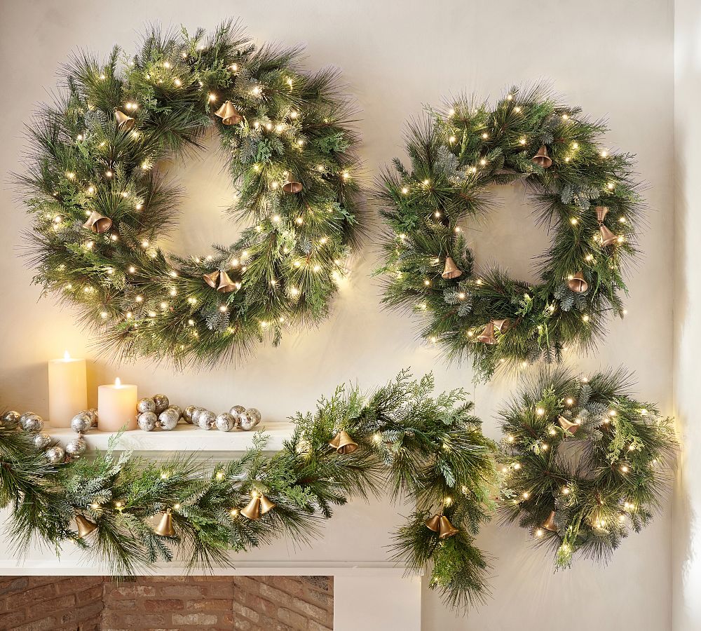 Faux Lit Mixed Greens Wreath &amp; Garland With Bells