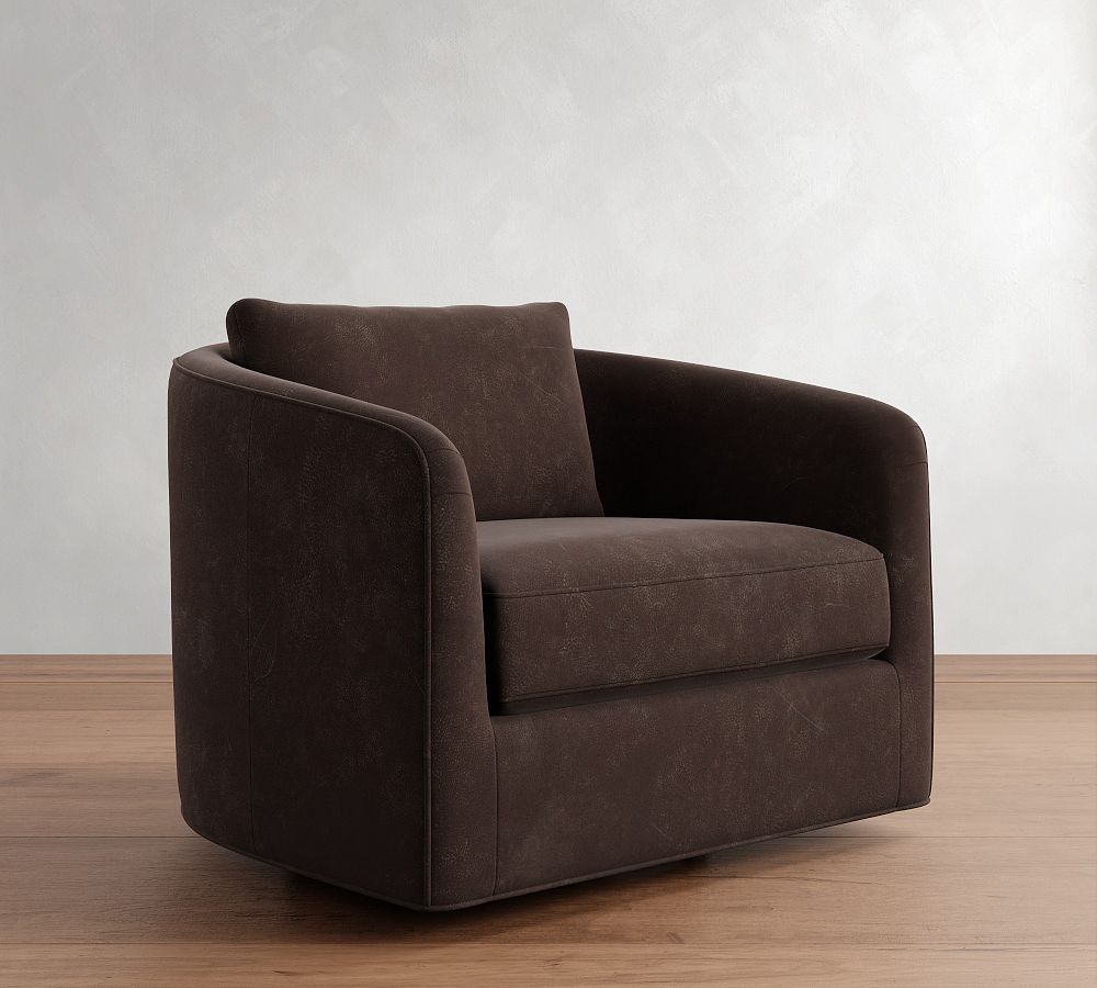 Open Box: Remmy Leather Swivel Armchair, Polyester Wrapped Cushions, Mason Pebble Chocolate