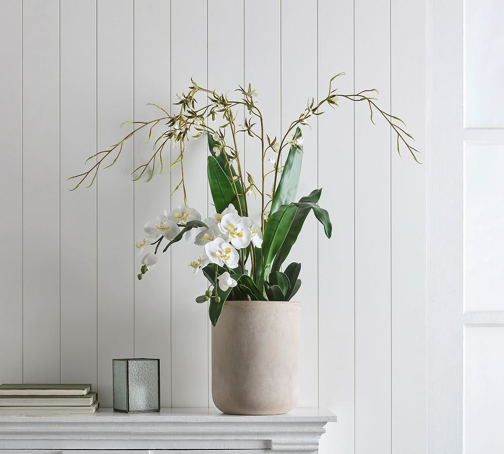 Handcrafted Faux Mixed White Orchid Arrangement in Cement Planter