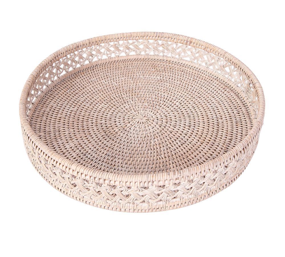Tava Braided Rattan Round Tray (Whitewash with glass insert)
