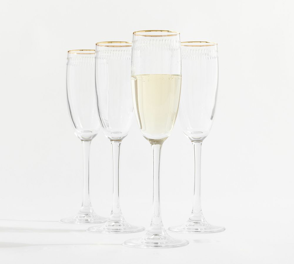Etched Gold Rim Handcrafted Champagne Flutes - Set of 4