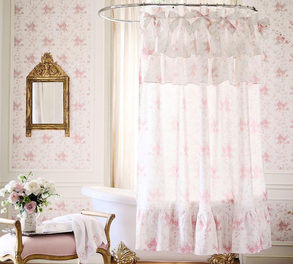 LoveShackFancy Pink Rose Ruffle Shower Curtain