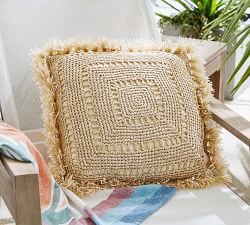 Faux Natural Fiber Crochet Fringe Outdoor Pillow