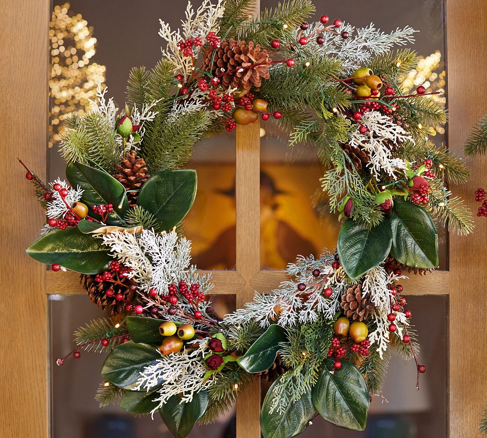 Lit Faux Pine and Berry Wreath &amp; Garland