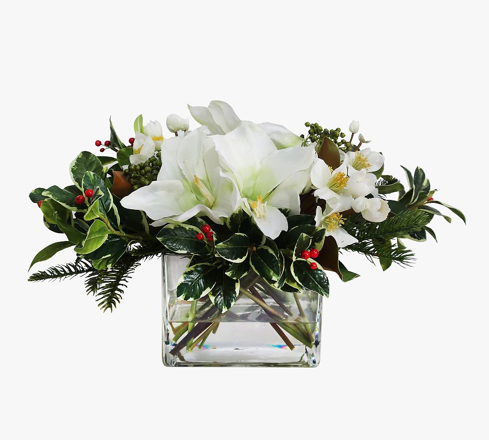 Faux Holiday Amaryllis &amp; Holly In Vase