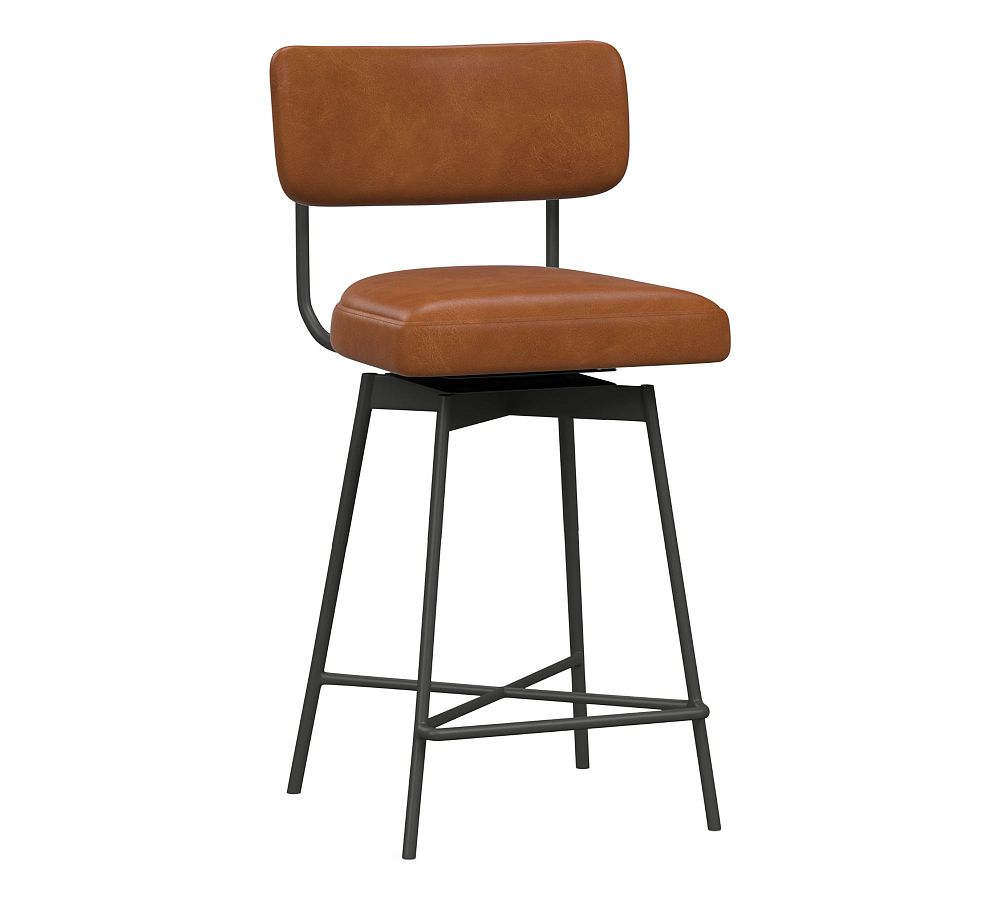 Open Box: Maison Leather Counter Height Swivel Bar Stool, Bronze Legs, Vintage Caramel