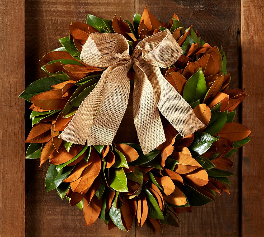 Live Magnolia Leaf Wreath with Burlap Bow