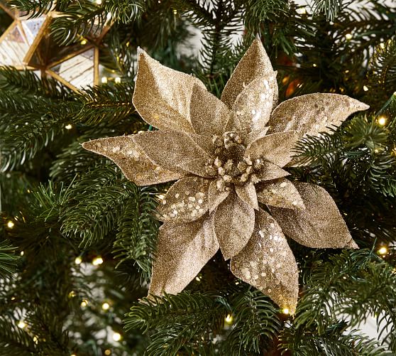 Gold Glitter Poinsettia Tree Pick - Set of 5
