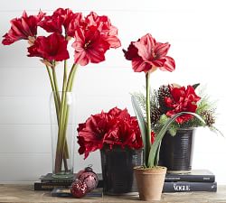 Faux Mixed Amaryllis &amp; Pine Bouquet - Red
