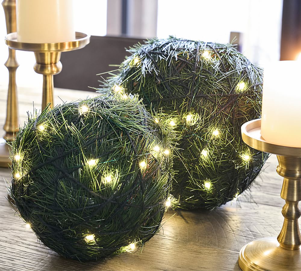 Light Up Faux Evergreen Spheres - Set of 2