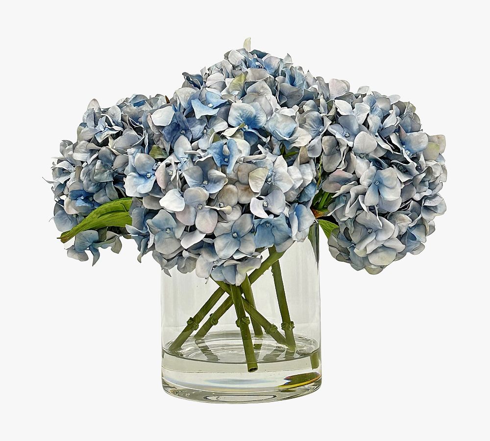Faux Blue Hydrangea In Glass Vase