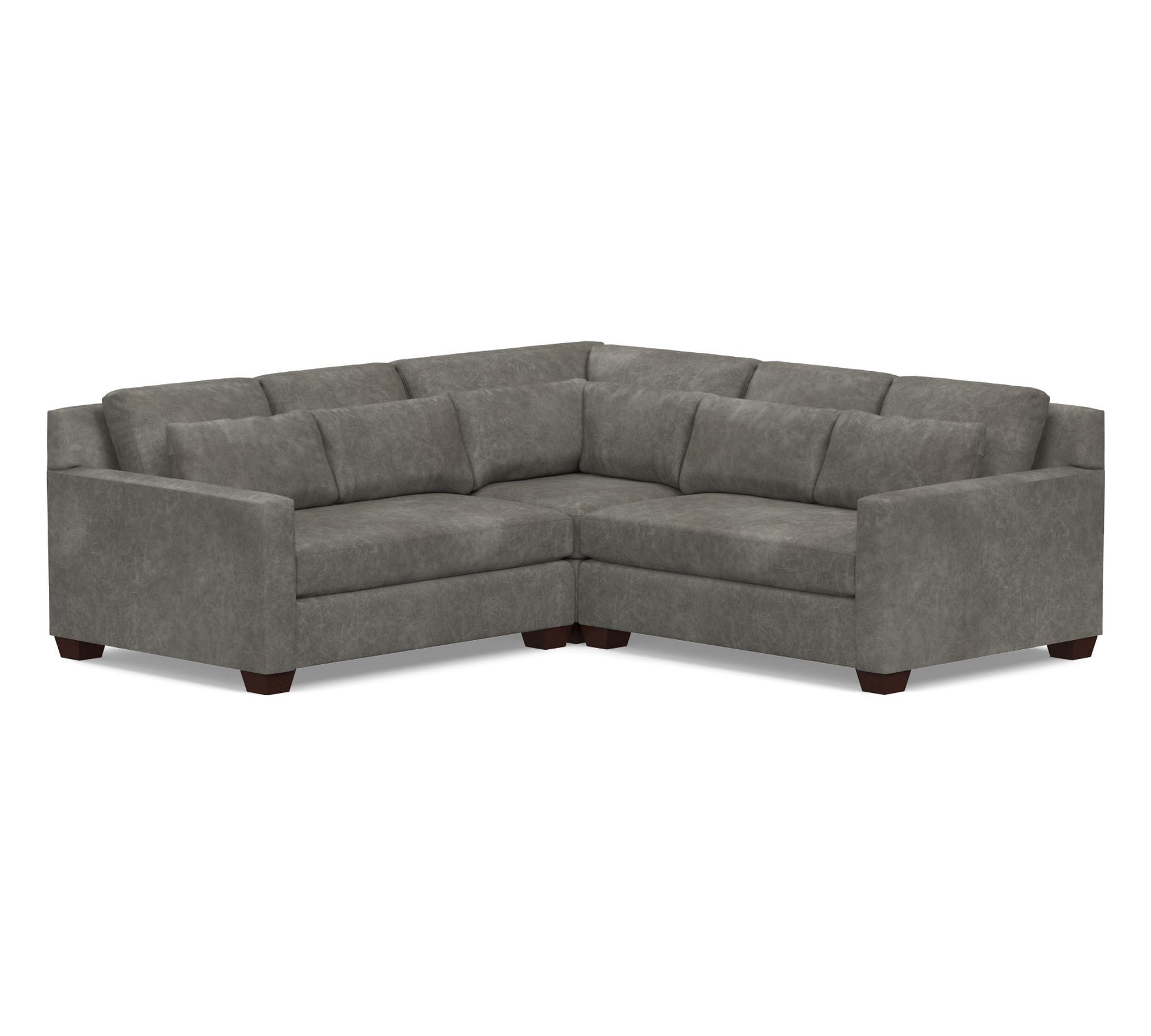 York Square Arm Leather Deep Seat 3-Piece L-Shaped Corner Sectional with Bench Cushion, Polyester Wrapped Cushions, Statesville Storm