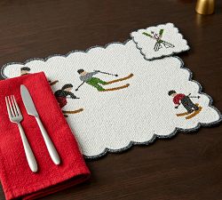 Handcrafted Holiday Skier Beaded Coasters, Set of 4