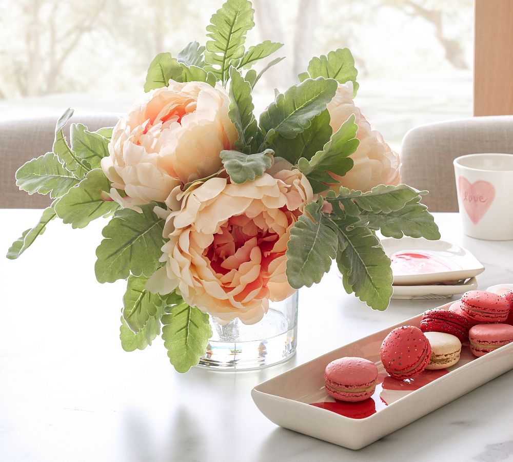 Faux Peony Composed Arrangement in Glass Vase