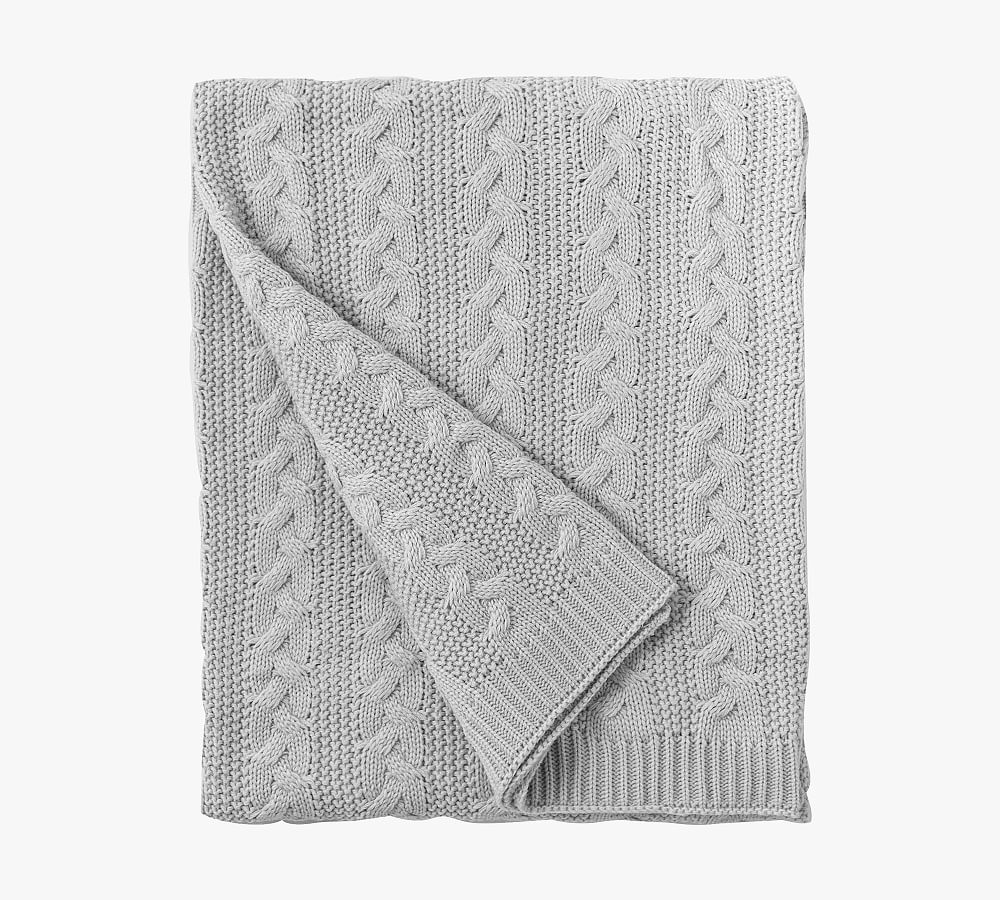 Light Gray Cable Knit Acrylic Throw Blanket